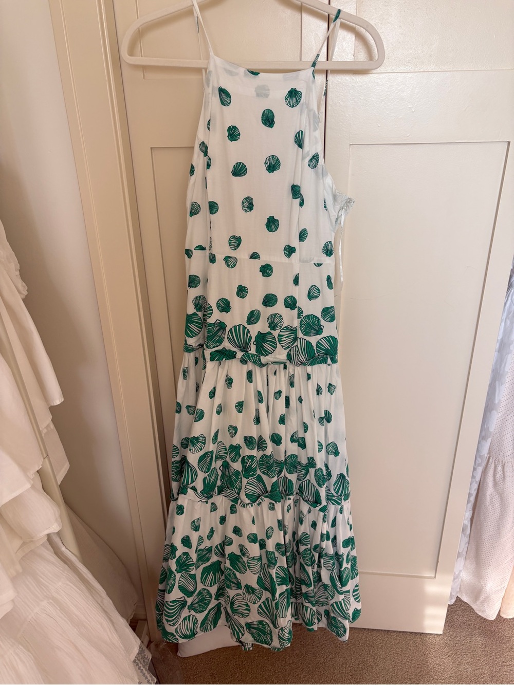 White Maxi Dress with Green Shell Print Maeve by Anthropologie